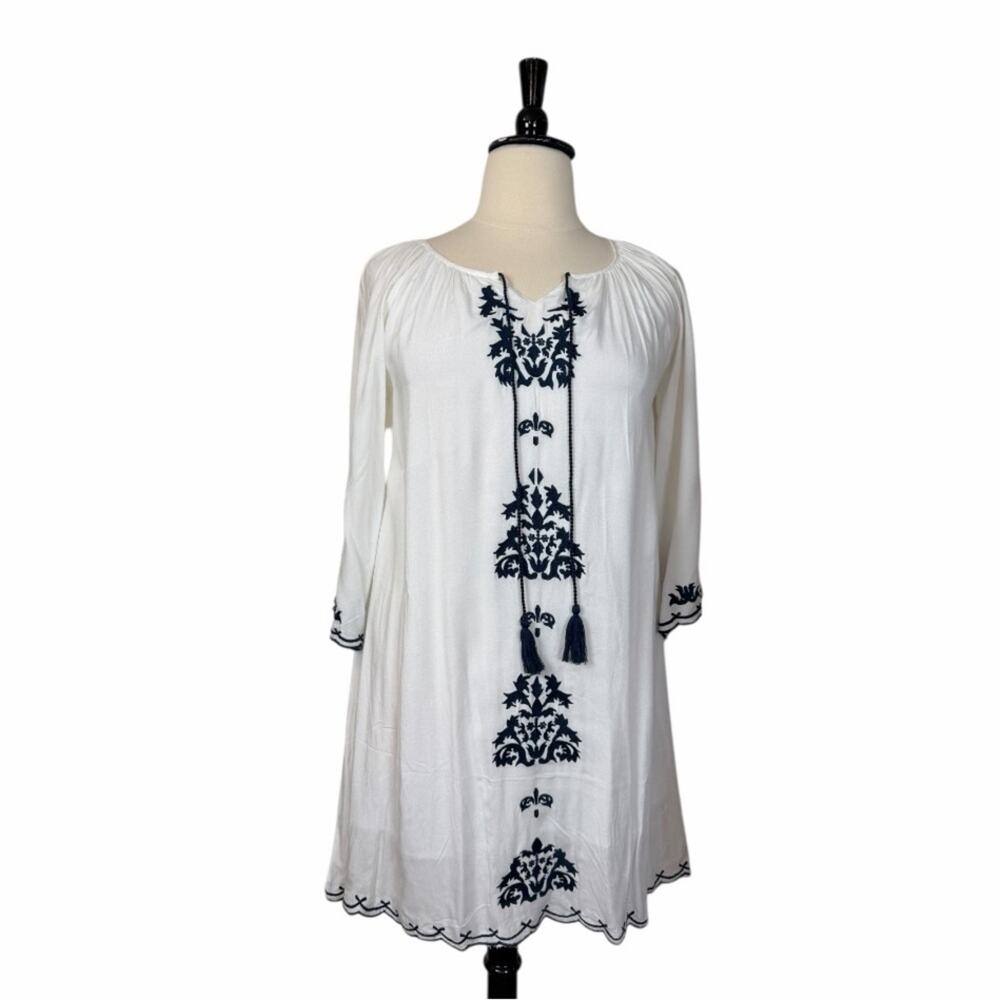 Chic Connection Embroidered New Tunic Dress White Navy Tassel Women’s Size XL